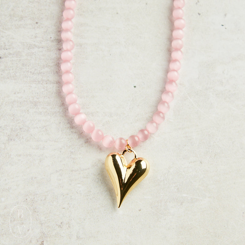 Virtue GOLD PUFF HEART GEMSTONE NECKLACE Blush Cateye