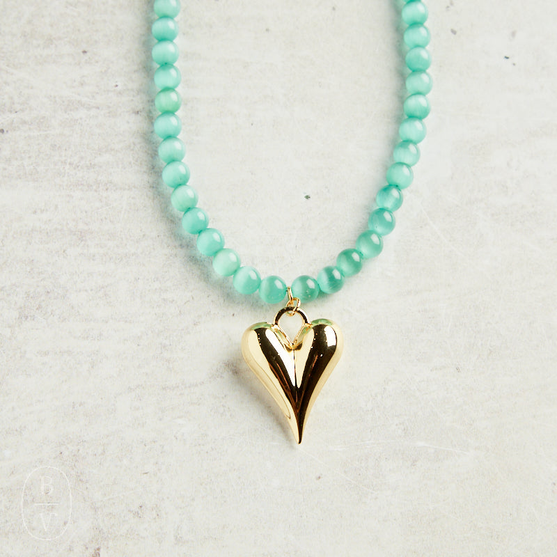 Virtue GOLD PUFF HEART GEMSTONE NECKLACE Mint Cateye