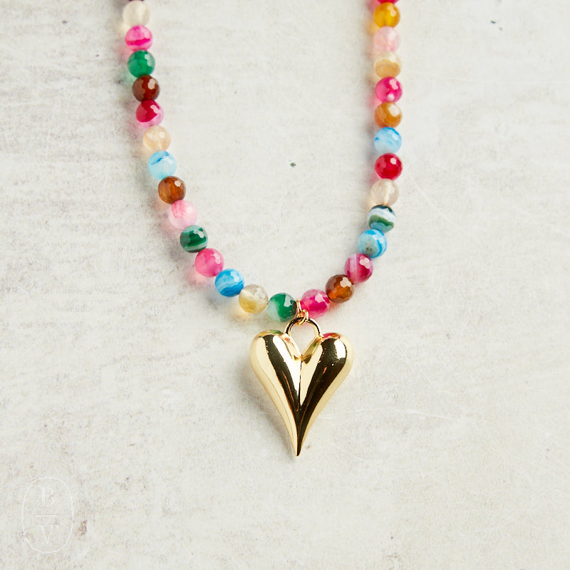 Virtue GOLD PUFF HEART GEMSTONE NECKLACE Pink Agate