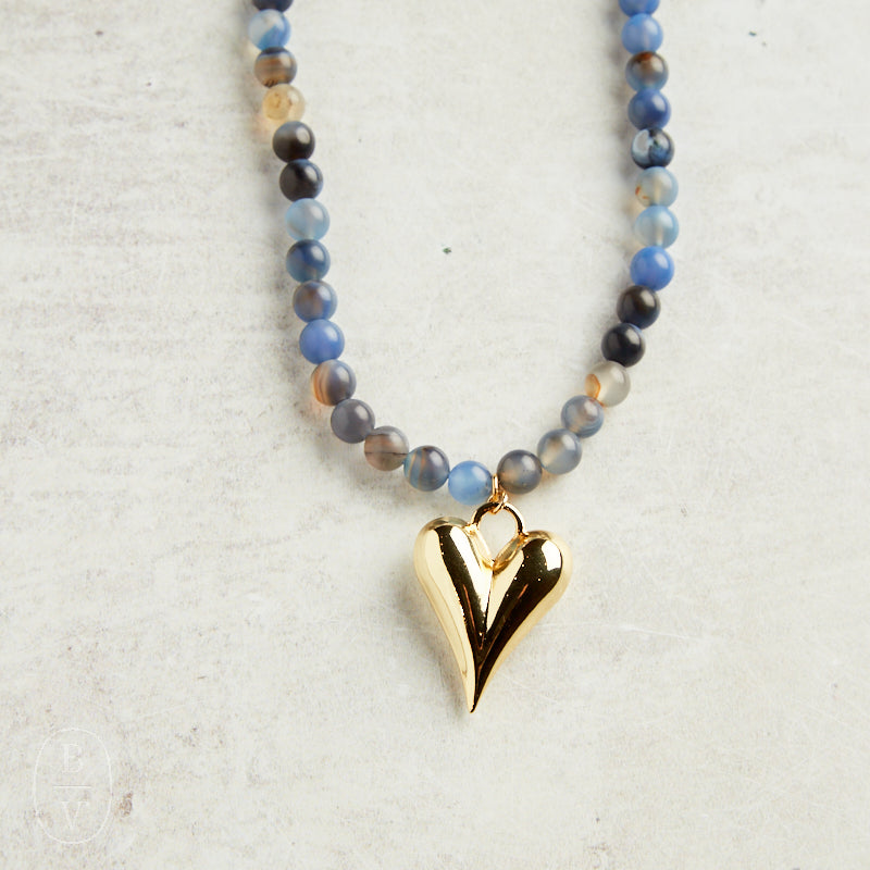 Virtue GOLD PUFF HEART GEMSTONE NECKLACE Navy Marble