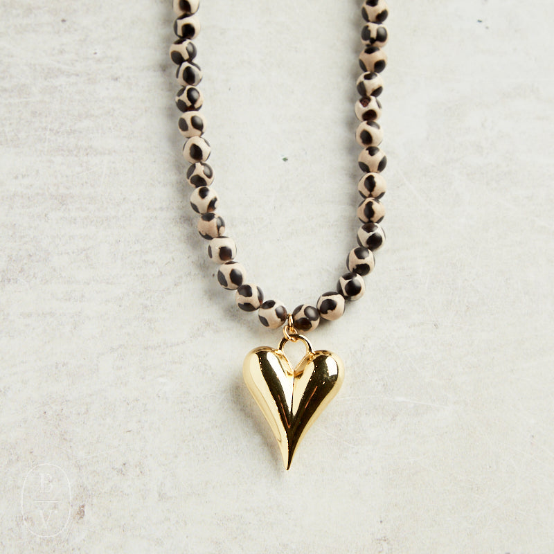 Virtue GOLD PUFF HEART GEMSTONE NECKLACE Black Giraffe