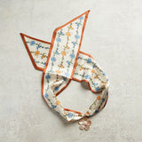 Virtue WHITE ORNATE FLOWER SCARF NECKLACE Blue Burnt Orange Trim