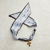 Virtue GOLD LONG TAIL CROSS SCARF NECKLACE Blue Line Floral