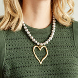 Virtue GOLD LARGE HAMMERED HEART PEARL NECKLACE