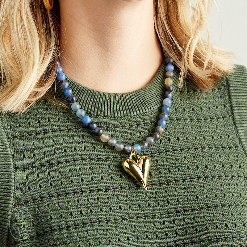 Virtue GOLD PUFF HEART GEMSTONE NECKLACE