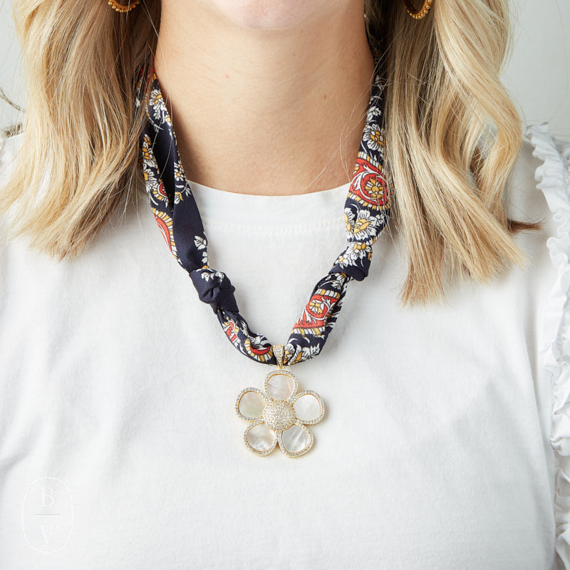 Virtue WHITE ORNATE FLOWER SCARF NECKLACE Navy Paisley