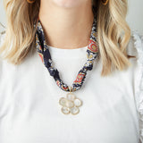 Virtue WHITE ORNATE FLOWER SCARF NECKLACE Navy Paisley