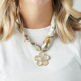 Virtue WHITE ORNATE FLOWER SCARF NECKLACE Taupe Trim Line Floral