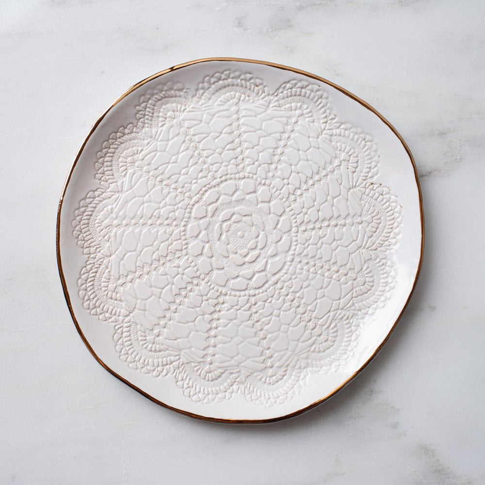 Handmade Studio TN COOKIE PLATE Lace w Gold Rim White