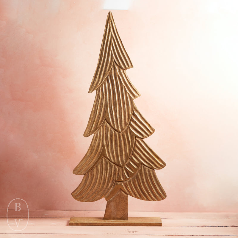 Kalalou CARVED WOODEN CHRISTMAS TREE ON BASE WITH GOLD DETAIL Large