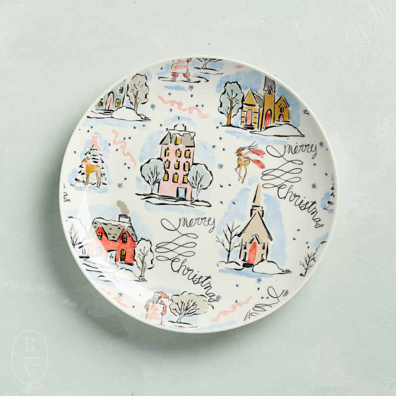 Creative Co-op STONEWARE HOLIDAY PATTERN PLATE Merry Christmas