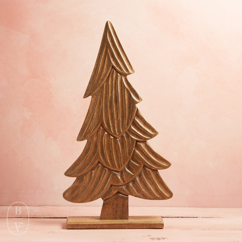 Kalalou CARVED WOODEN CHRISTMAS TREE ON BASE WITH GOLD DETAIL Small