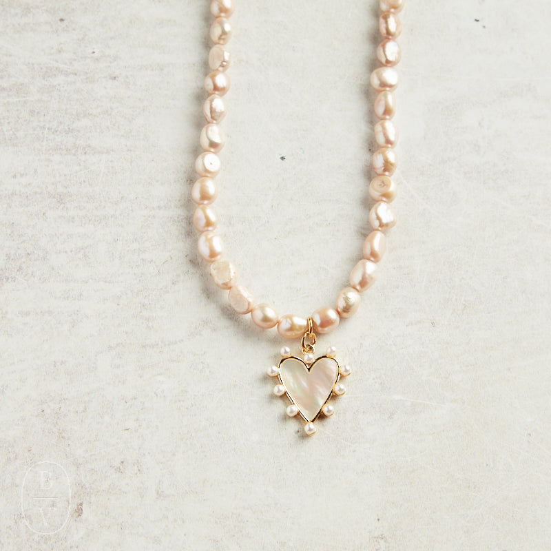 Virtue STUDDED PEARL HEART PEARL NECKLACE Taupe