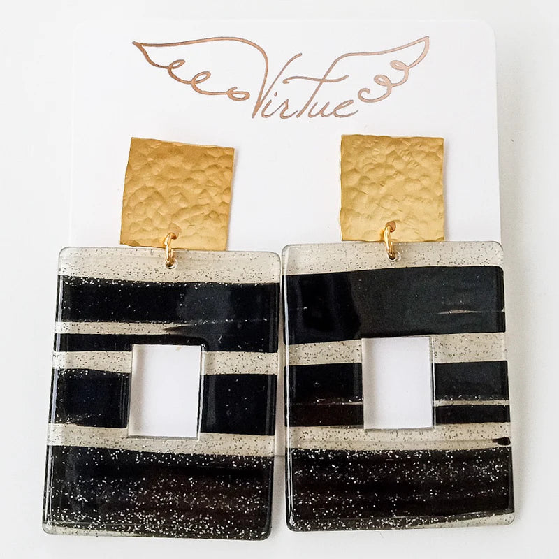 Virtue GOLD SQUARE POST ACRYLIC RECTANGLE EARRINGS Black Metallic Zebra