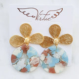 Virtue GOLD LOTUS FLOWER POST ACRYLIC CIRCLE DISC EARRINGS Blue Watercolor