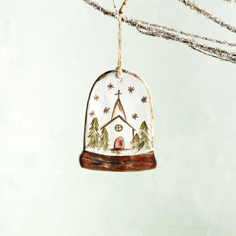 Etta B Pottery SNOW GLOBE ORNAMENT Church