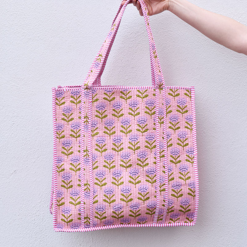 Queens Designs REGULAR QUILTED TOTE BAG Lavender Flowers Pink Stripe XL