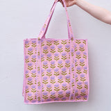 Queens Designs REGULAR QUILTED TOTE BAG Lavender Flowers Pink Stripe XL