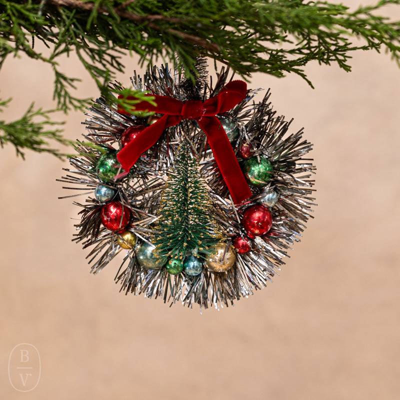 BEADED TINSEL WREATH WITH RED BOW ORNAMENT