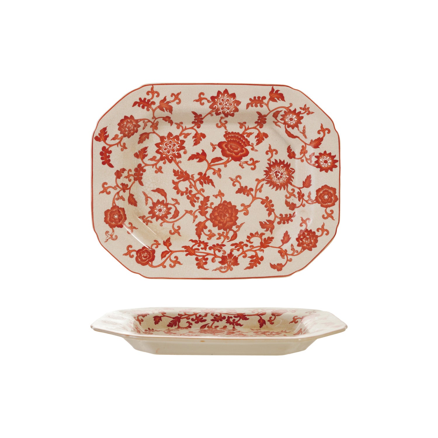 Creative Co-op CRACKLE GLAZE BOTANICALS OBLONG STONEWARE TRAY Orange and White