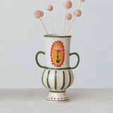 Creative Co-op HANDPAINTED STONEWARE URN WITH FLOWER Green Large