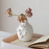 WHITE STONEWARE VASE WITH 3D FLOWERS