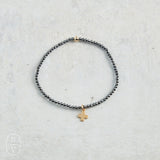 eNewton Design FACETED HEMATITE SIGNATURE CROSS GOLD CHARM BRACELET Hematite 2mm