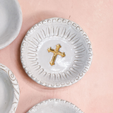 Dixie Pottery GOLD CROSS RING DISH Stripe White