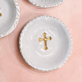 Dixie Pottery GOLD CROSS RING DISH Dot White