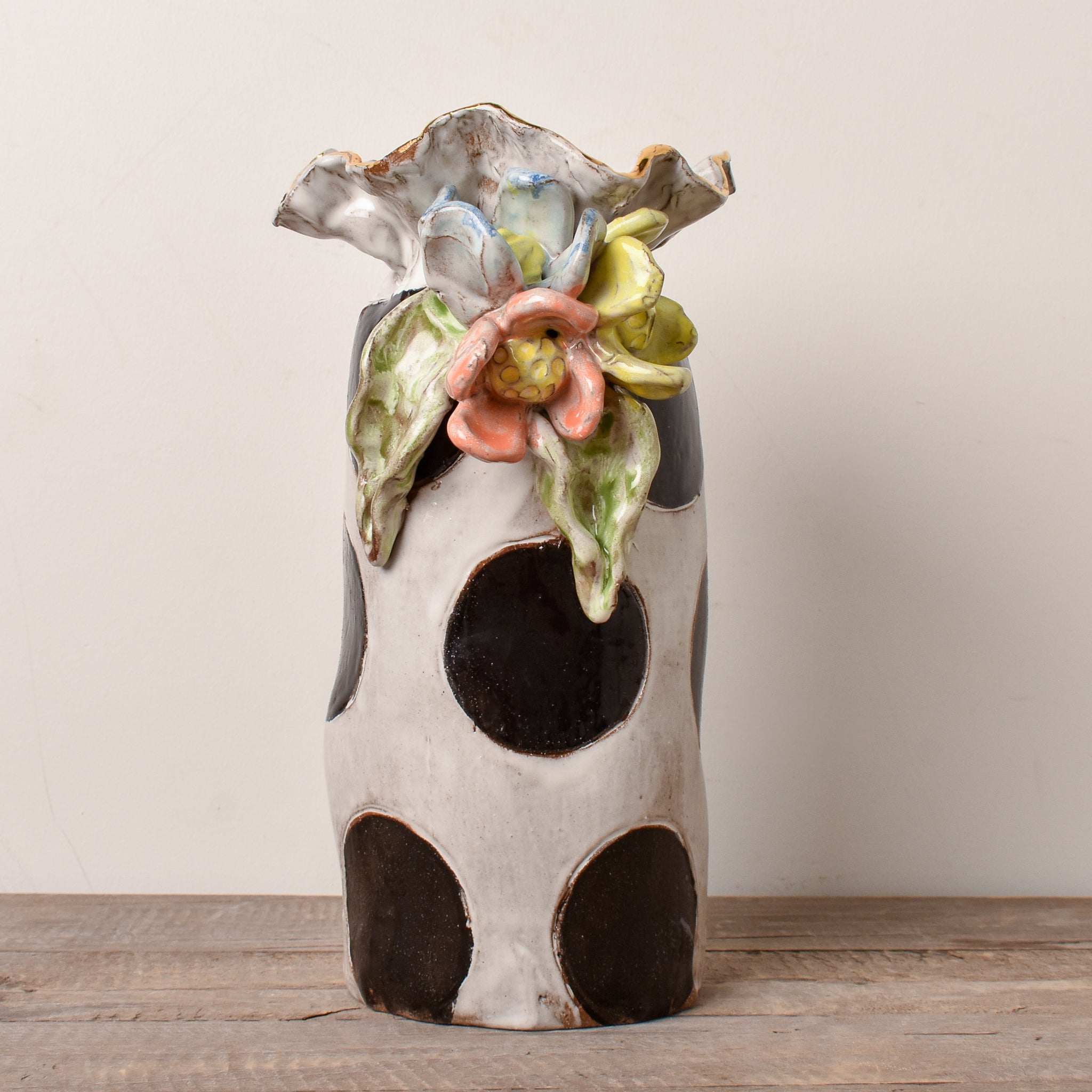 Dixie Pottery VASE NO.5 3 FLOWERS GOLD RIM 2