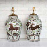 The Han House BROWN GREEN WHITE HORSE VASE LAMP NO SHADE