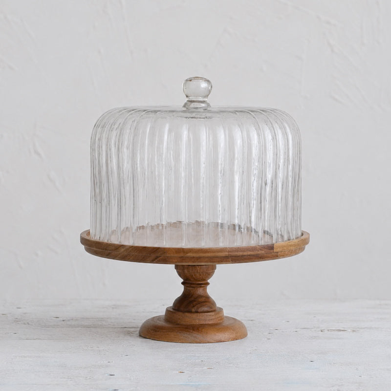 WOOD PEDESTEL WITH FLUTED GLASS CLOCHE