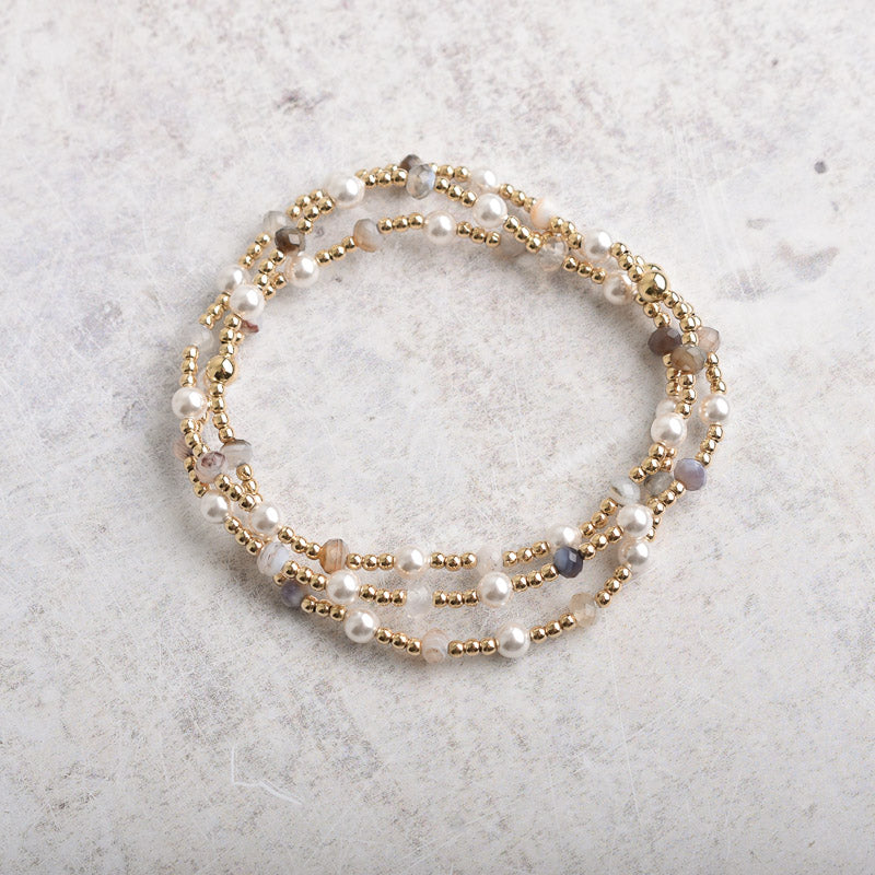 eNewton Design SINCERITY GEMSTONE AND PEARL GOLD BRACELET Botswana Agate 4mm