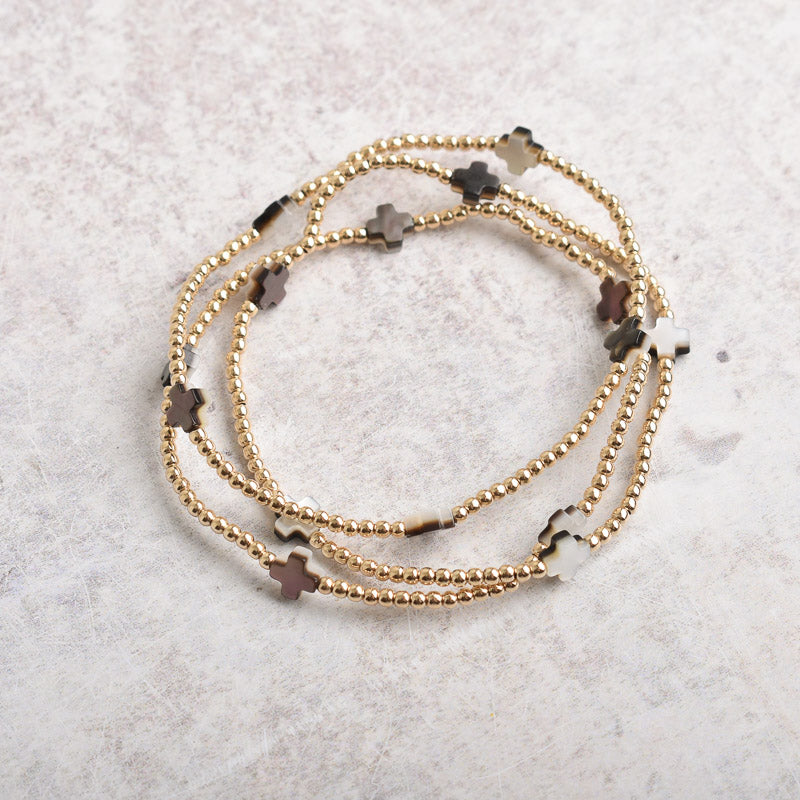 eNewton Design SIGNATURE CROSS SMALL GOLD PATTERN BEAD BRACELET MOP Black Tahitian 2mm