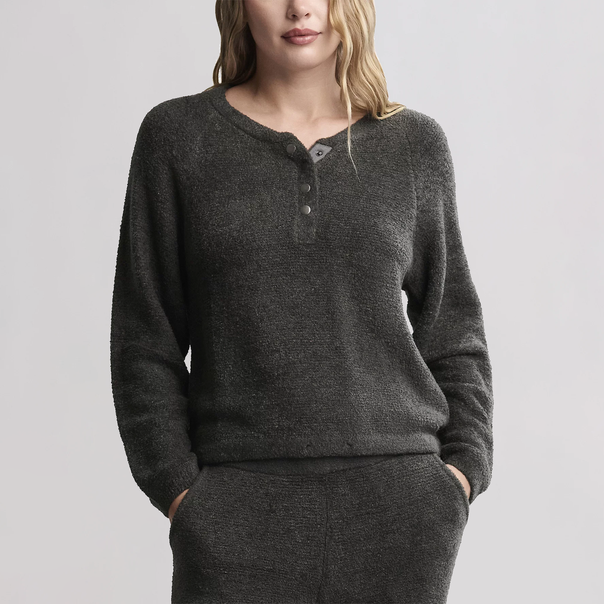 Barefoot Dreams COZYCHIC LITE TEXTURED RAGLAN SLEEVE HENLEY Dark Moss