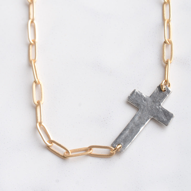 Virtue SILVER HAMMERED CROSS LARGE PAPERCLIP CHAIN NECKLACE