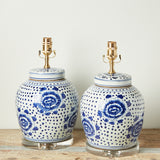 The Han House BLUE WHITE FLOWERS DOTS GINGER JAR LAMP NO SHADE