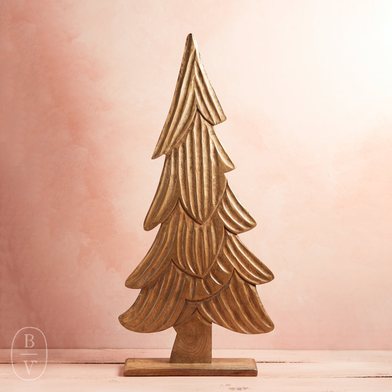 Kalalou CARVED WOODEN CHRISTMAS TREE ON BASE WITH GOLD DETAIL Medium