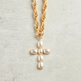 Virtue GOLD LARGE PEARL CROSS ETCHED CHAIN NECKLACE Gold