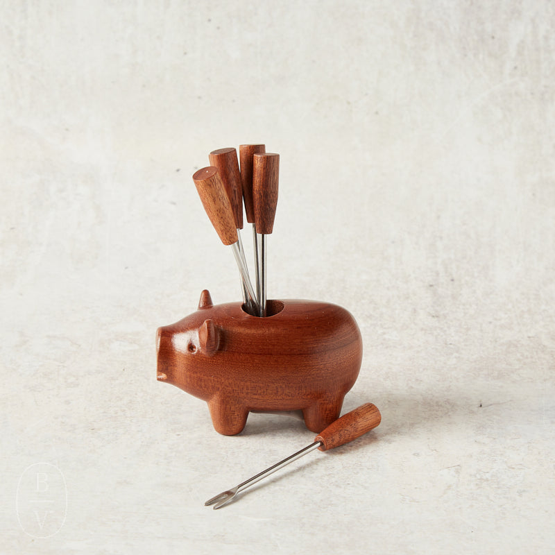 Creative Co-op WOODEN PIG APPETIZER FORK HOLDER SET