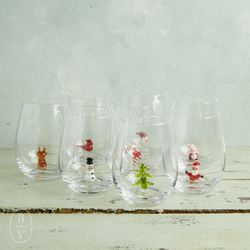 Creative Co-op Holiday Stemless Wine Glass with Festive Figures (Santa, Reindeer, Snowman)