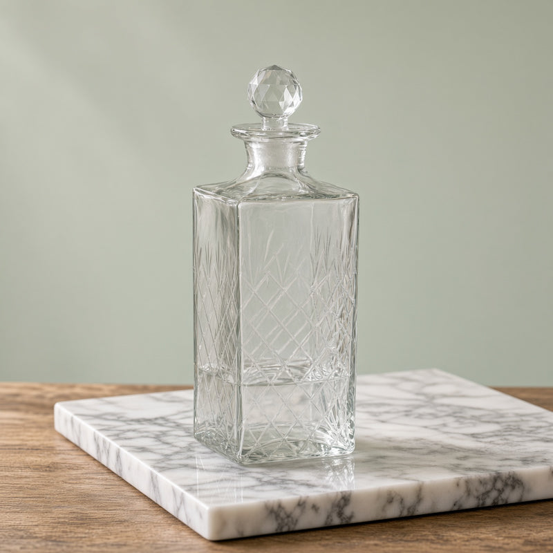 Creative Co-op RECYCLED SQUARE ETCHED GLASS DECANTER WITH GLASS STOPPER 30oz