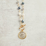 Virtue VINTAGE COIN PEARL ROSARY NECKLACE Peacock Grey Multi