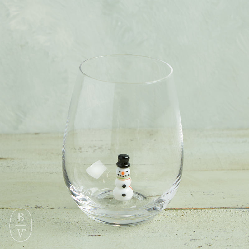 Creative Co-op Holiday Stemless Wine Glass with Festive Figures (Santa, Reindeer, Snowman) Snowman Top Hat