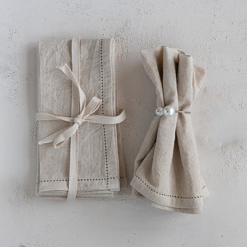 Creative Co-op SET OF 4 COTTON AND LINEN BORDER STITCH NAPKINS
