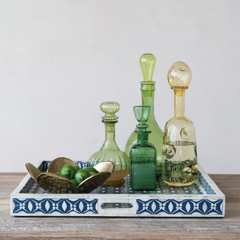 Creative Co-op DARK GREEN EMBOSSED GRID GLASS DECANTER WITH STOPPER