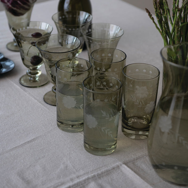 Creative Co-op GREEN ETCHED BOTANICALS GLASS PITCHER