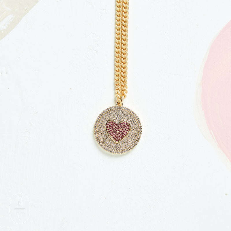 Virtue HEART DISC ON SMALL CURB CHAIN NECKLACE Pink