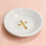 Dixie Pottery GOLD CROSS RING DISH Plain White