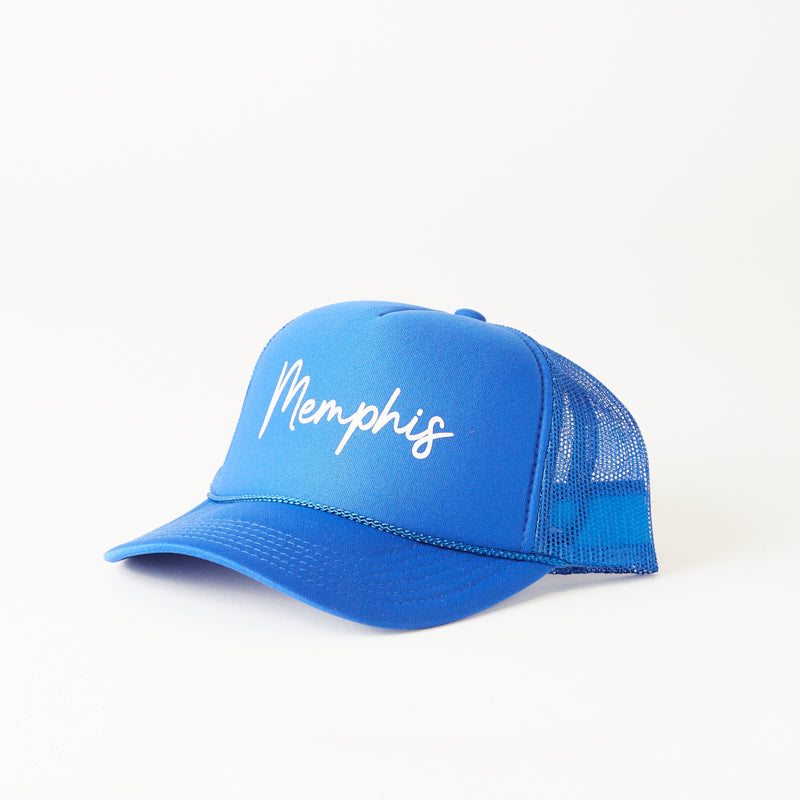 Littlebrightbird GAMEDAY PUFF SCRIPT TRUCKER HAT Memphis Royal